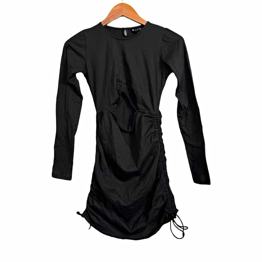 Motel Black Ruched Drawstring Cut Out Round Neck Long Sleeve Mini Dress S